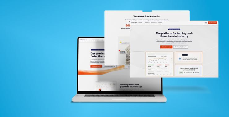 A laptop against a blue background. Two Versapay web pages float above.