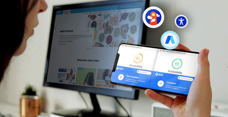 A woman in profile holds up a phone with an accessible mobile site onscreen, and another monitor sits in the background