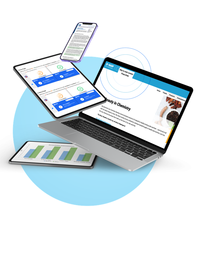 A laptop, 2 tablets, and phone floating with various screenshots of an accessible website