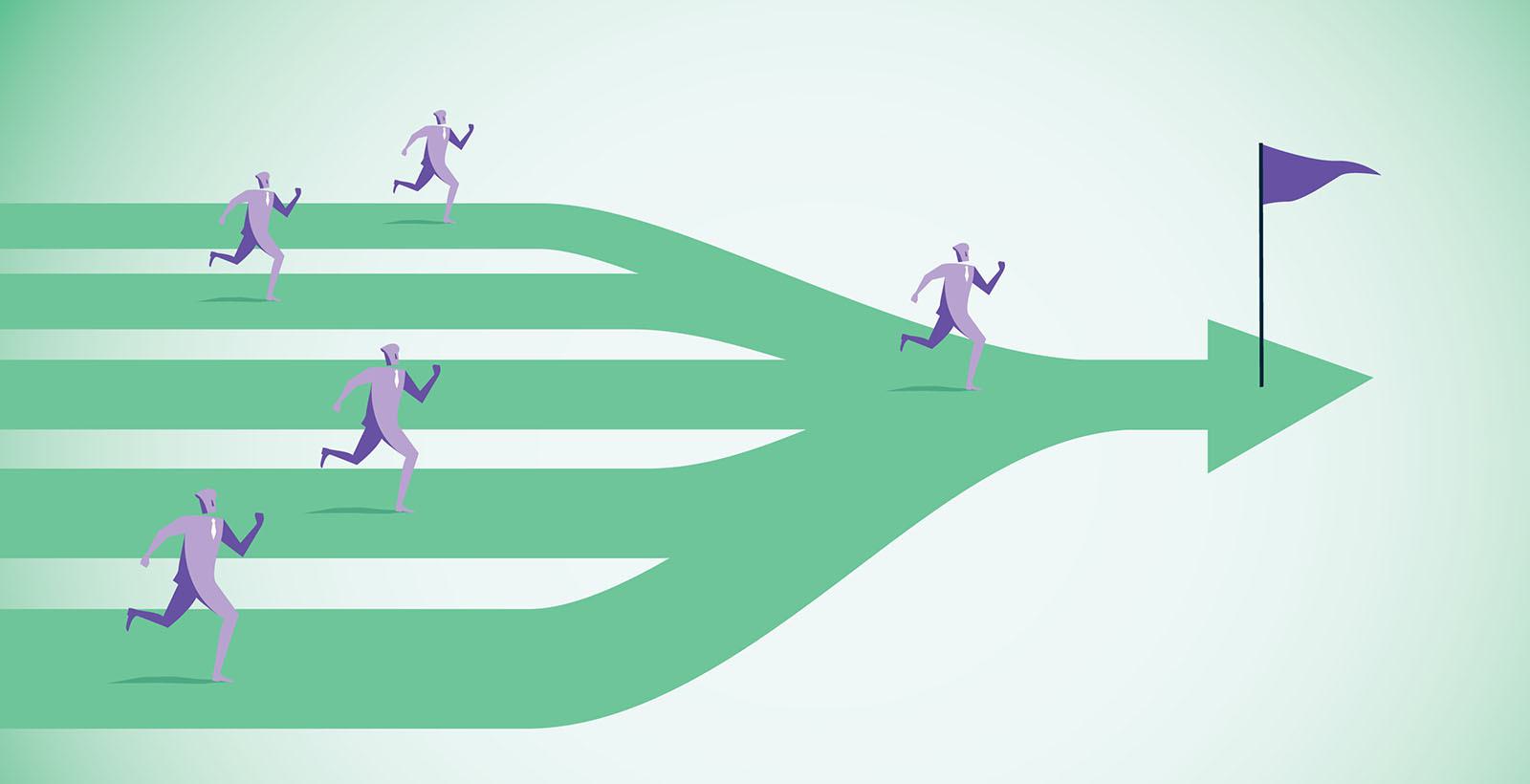 Illustration of five figures running on paths that merge into a single arrow pointing to a flag.