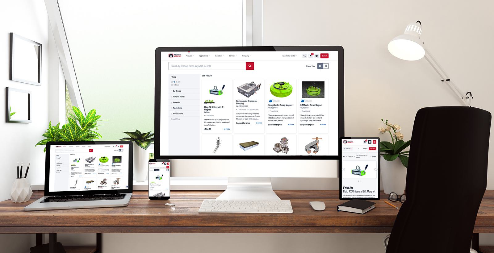 A desk with multiple devices showing an e-commerce site.