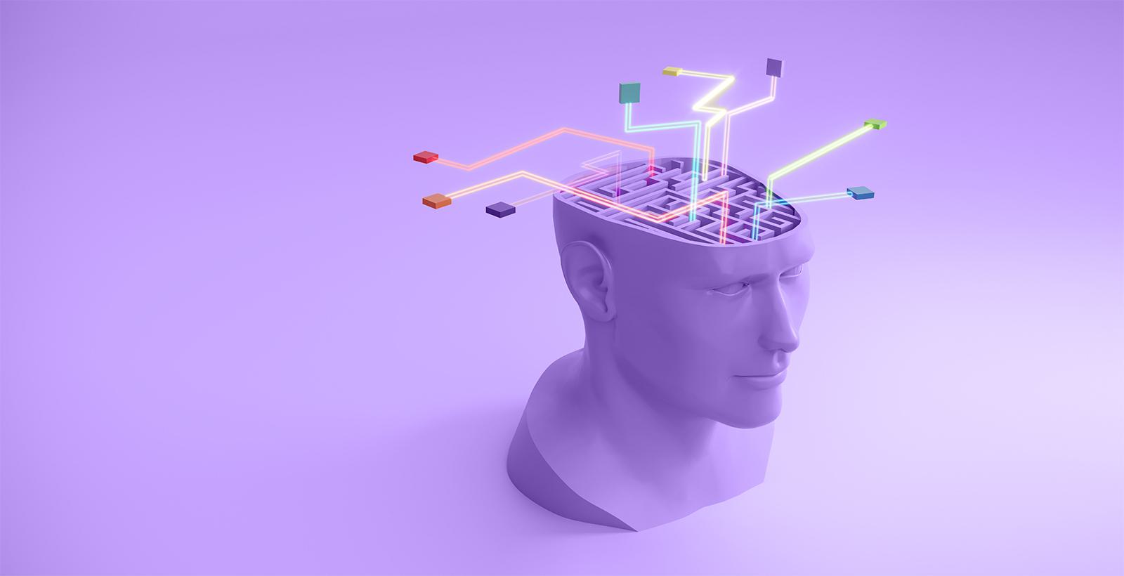 Abstract maze in the human head with glowing connection lines.