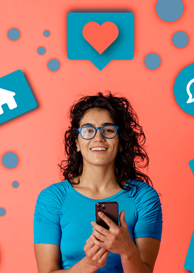Lady holding a phone surrounded by icon bubbles