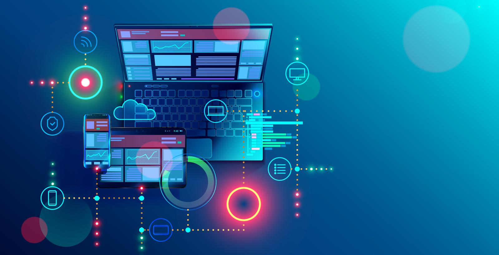 3D image of a laptop, mobile phone, and tablet with glowing overlays