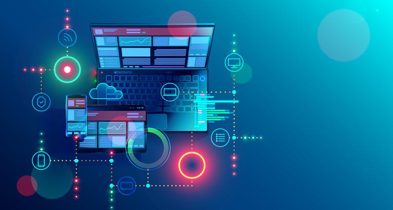 3D image of a laptop, mobile phone, and tablet with glowing overlays