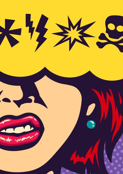 pop-art woman with a speech bubble around her head