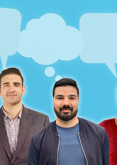 Motum B2B team members with thought bubbles above their heads.