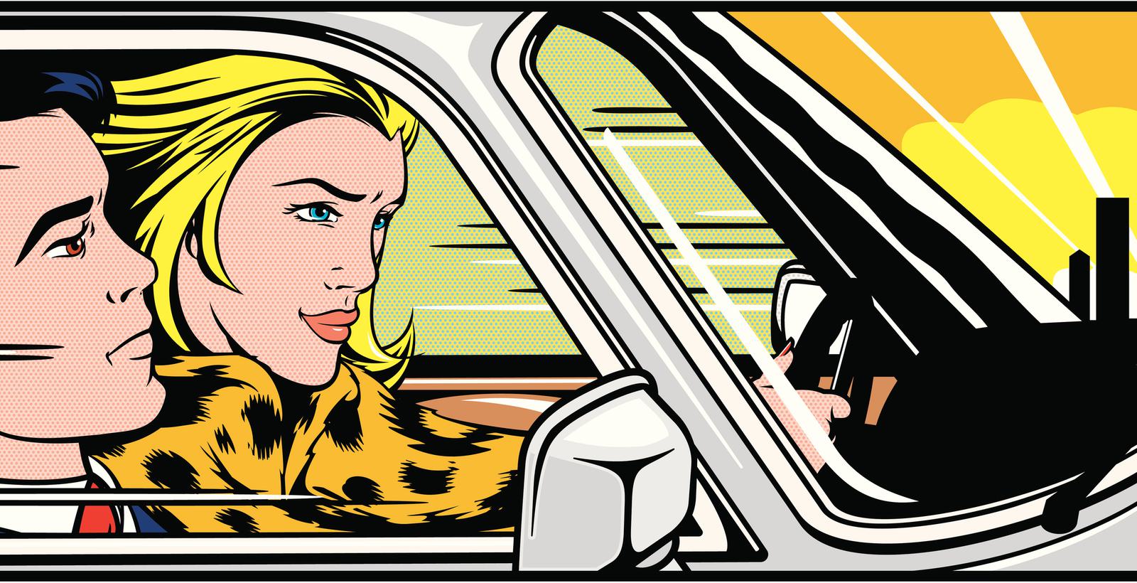 Illustration of Woman in fur coat and man racing to the city