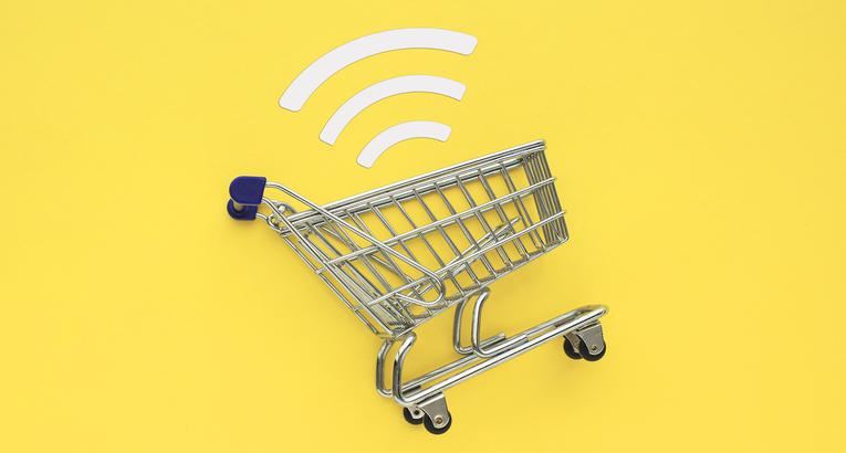 A shopping cart below a wi-fi icon.